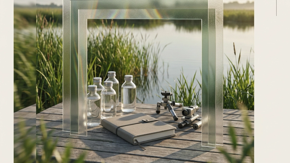 Water samples, field notebooks, and survey equipment at a wetland restoration site.