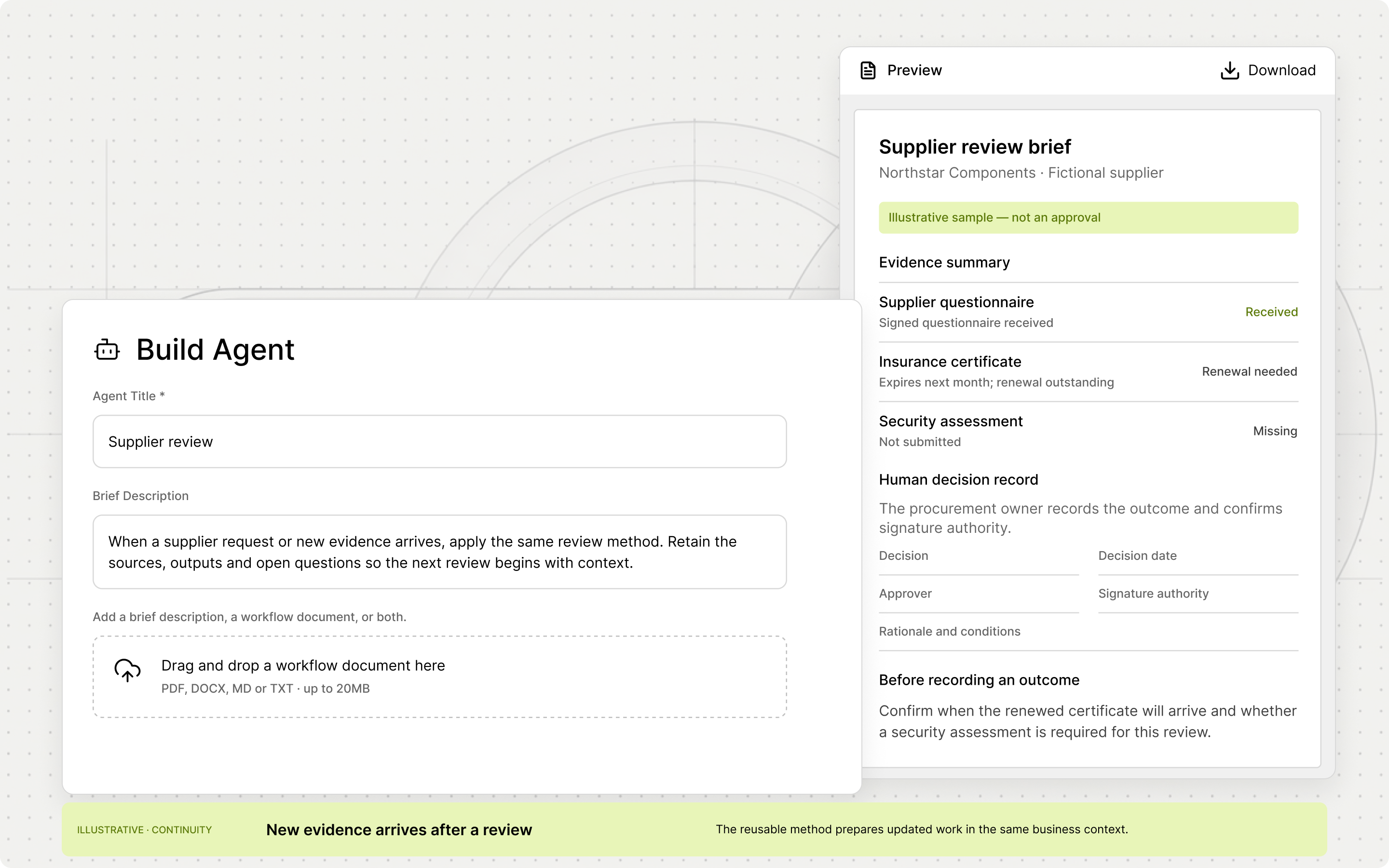 Reusable agent method paired with its review document and download action.