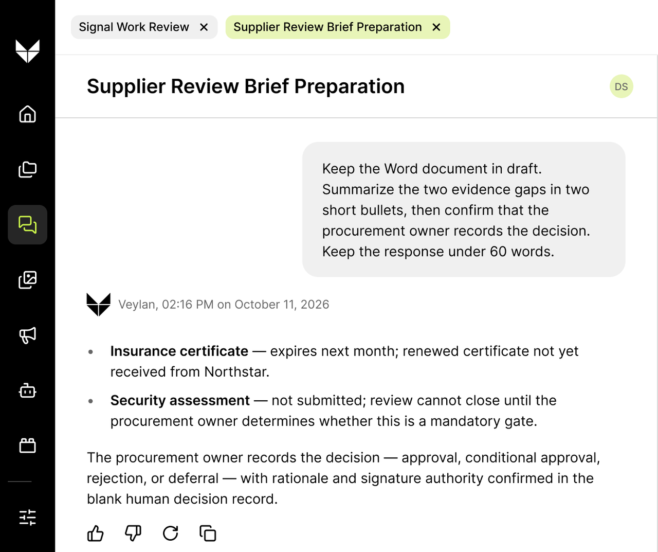 Two Veylan session tabs with the supplier review conversation selected.