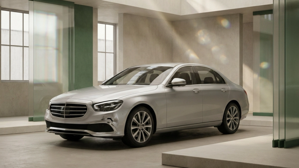 A silver car with front bumper damage parked in a quiet assessment bay.
