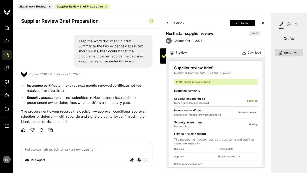Veylan conversation with a supplier review brief open in the document preview pane.