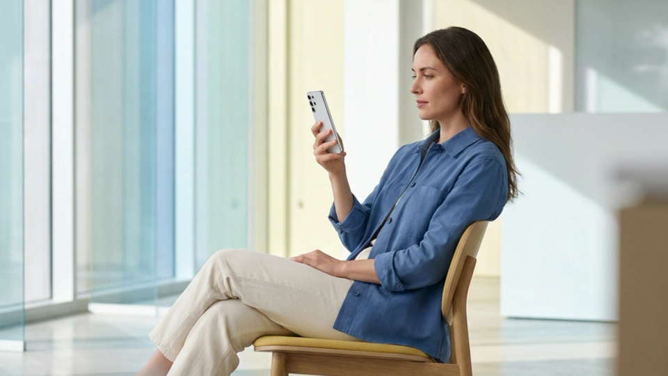 A professional seated in a bright workspace reading information on a smartphone.