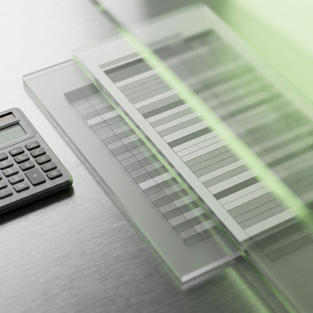Aligned translucent sheets beside a calculator on a desktop.