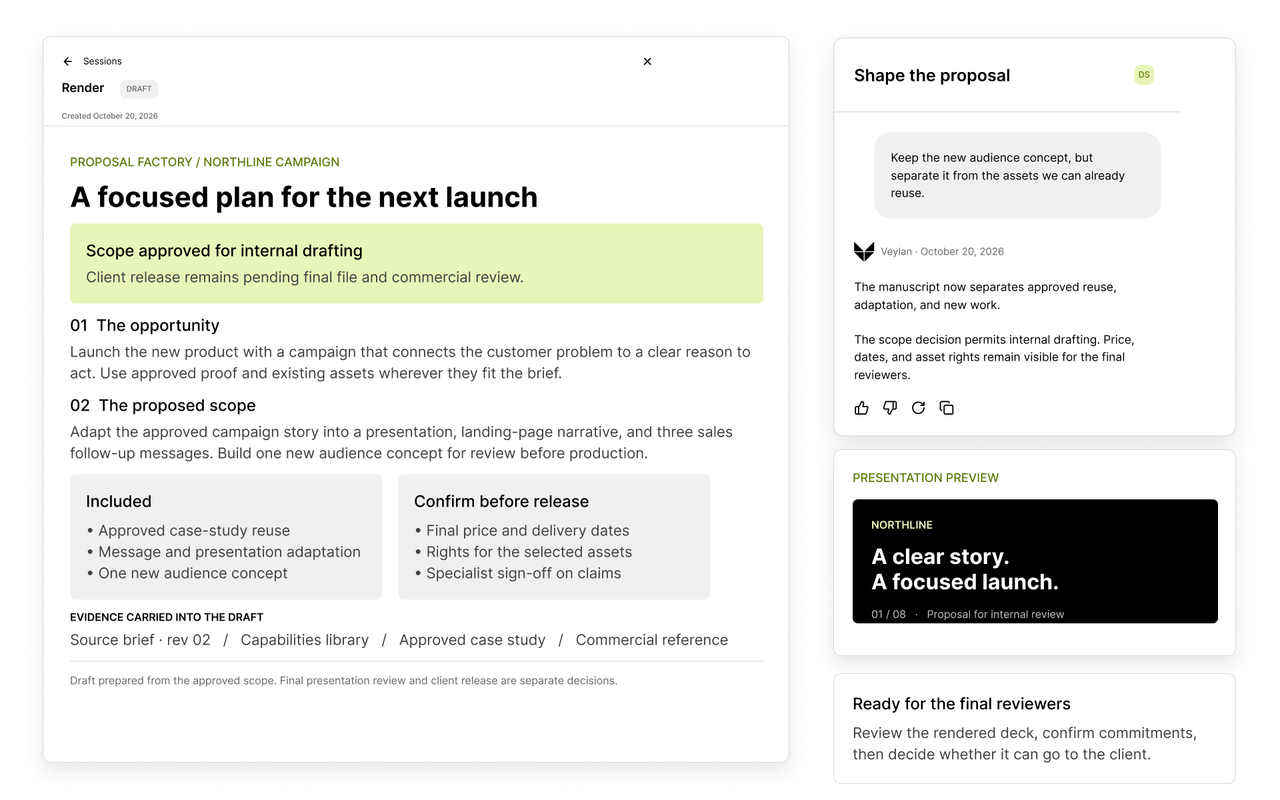 Veylan sales proposal manuscript with a conversation revision, branded presentation preview, and internal scope review kept separate from client release.