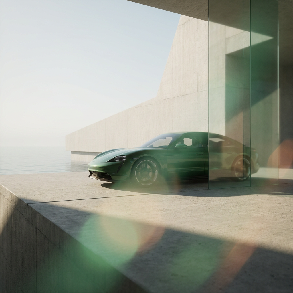 A green car in a modern architectural setting.