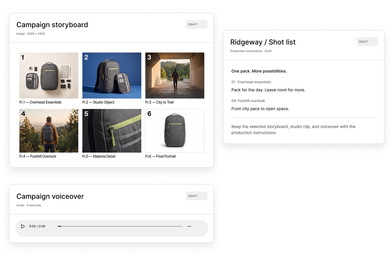 Storyboard and voiceover alongside editable shot-list instructions for a production handoff.