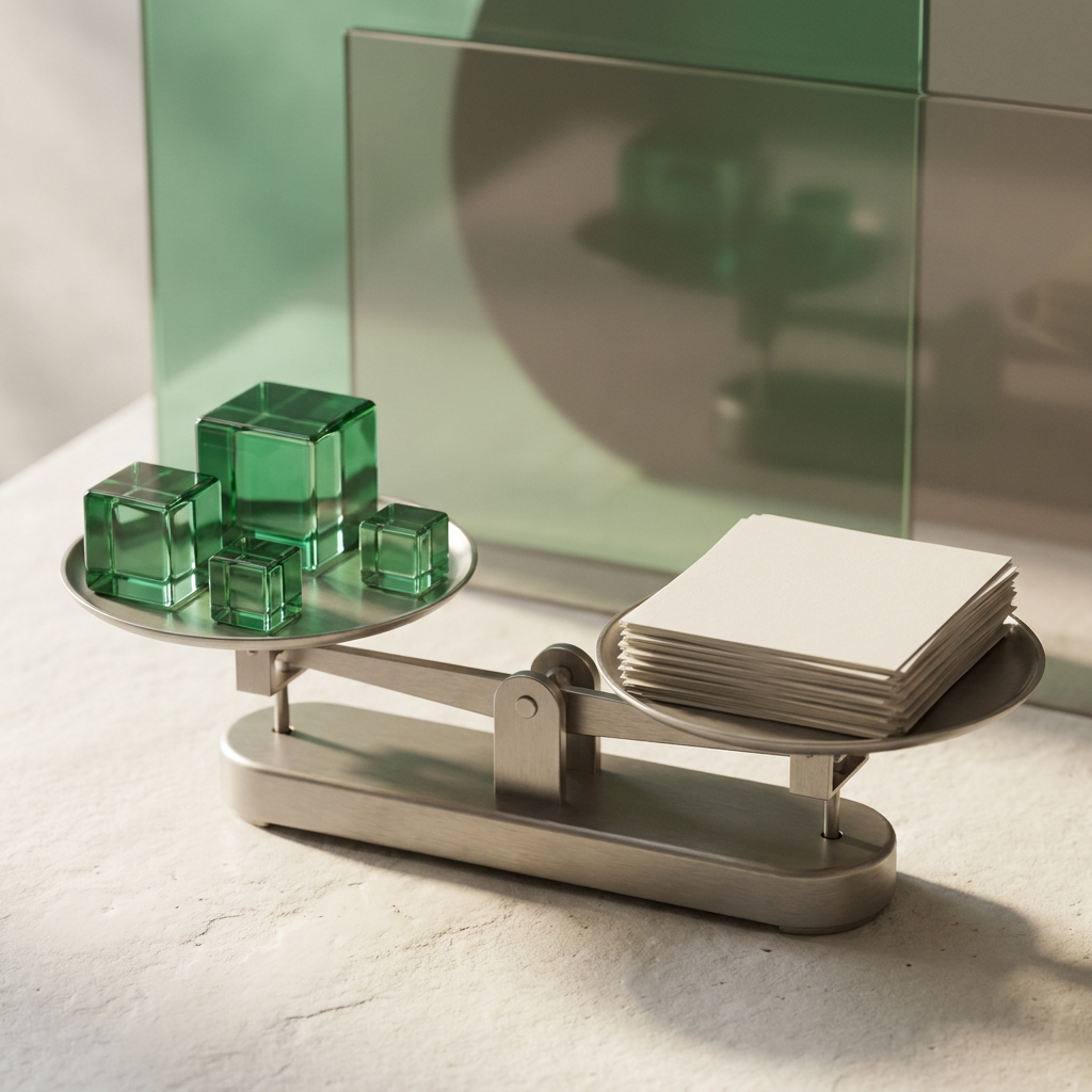 A balance comparing green glass blocks with a stack of paper.