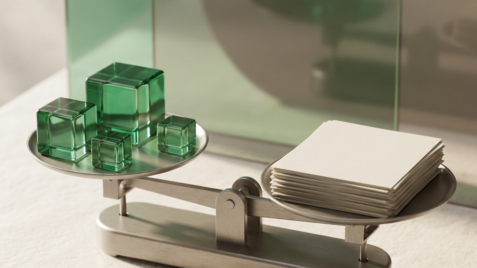 A balance comparing green glass blocks with a stack of paper.