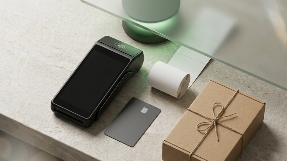 A payment terminal, blank receipt, payment card, and packaged purchase on a retail counter.