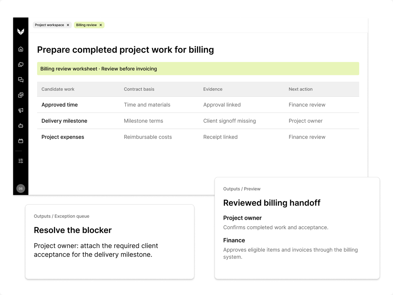 Veylan billing readiness worksheet with an exception detail and project-to-finance handoff.