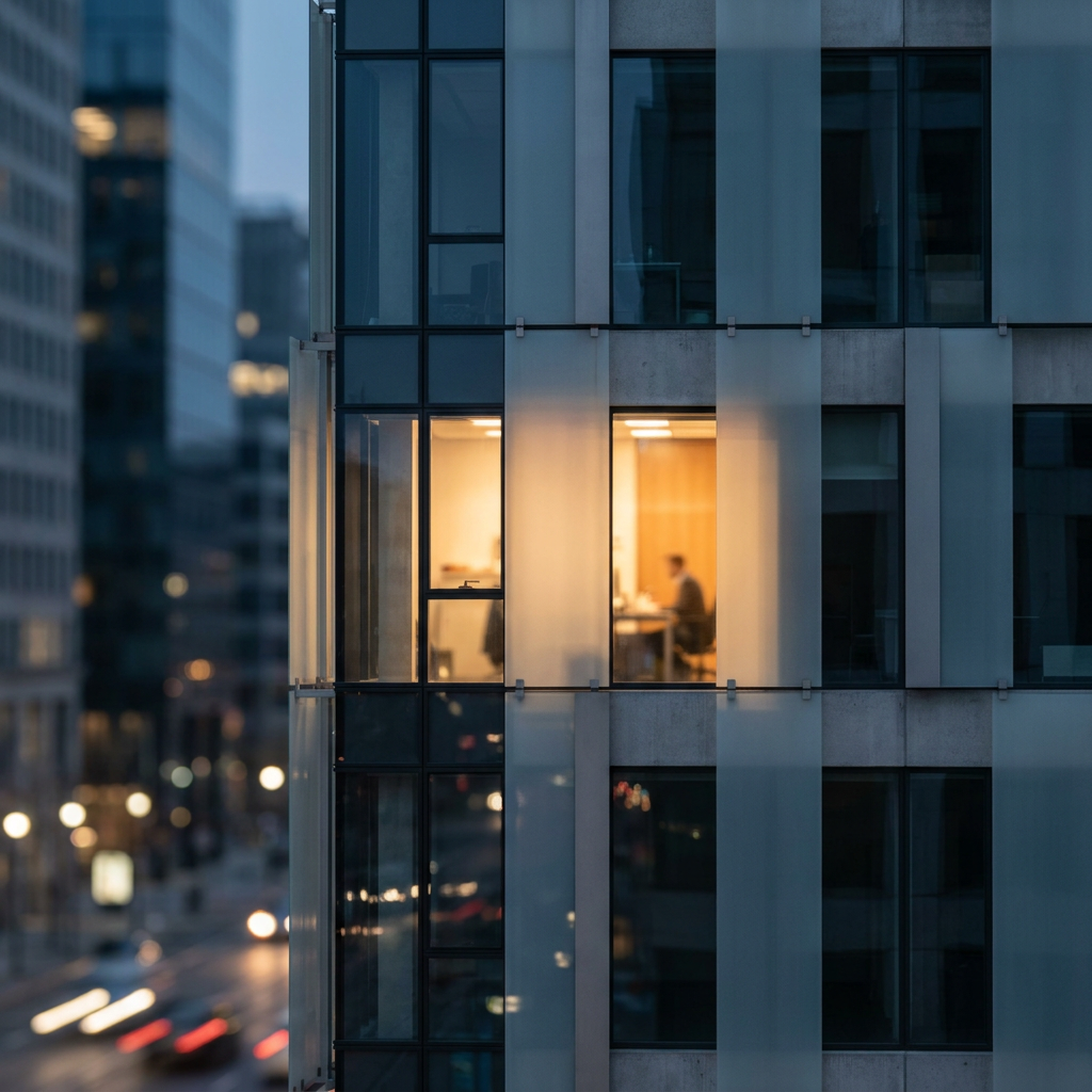 An illuminated office within a dark glass building.
