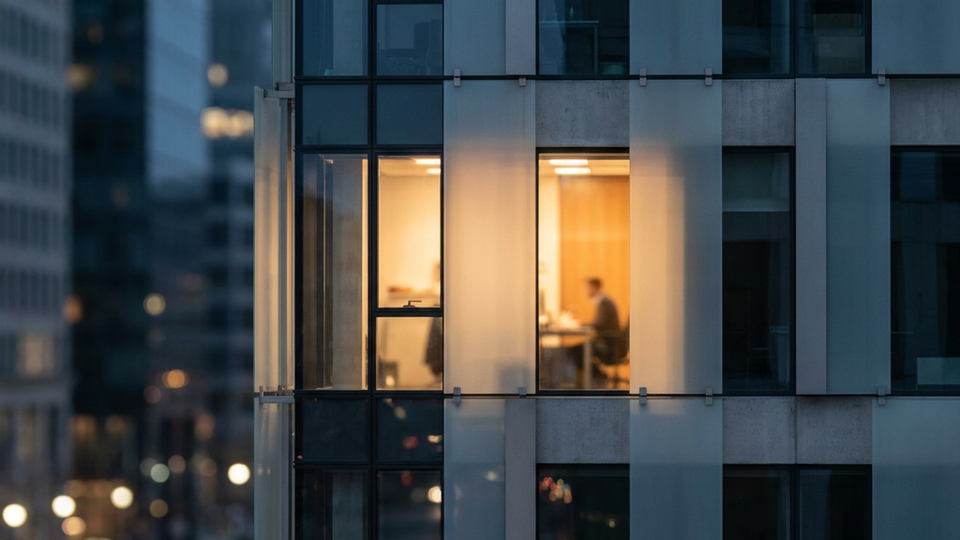 An illuminated office within a dark glass building.