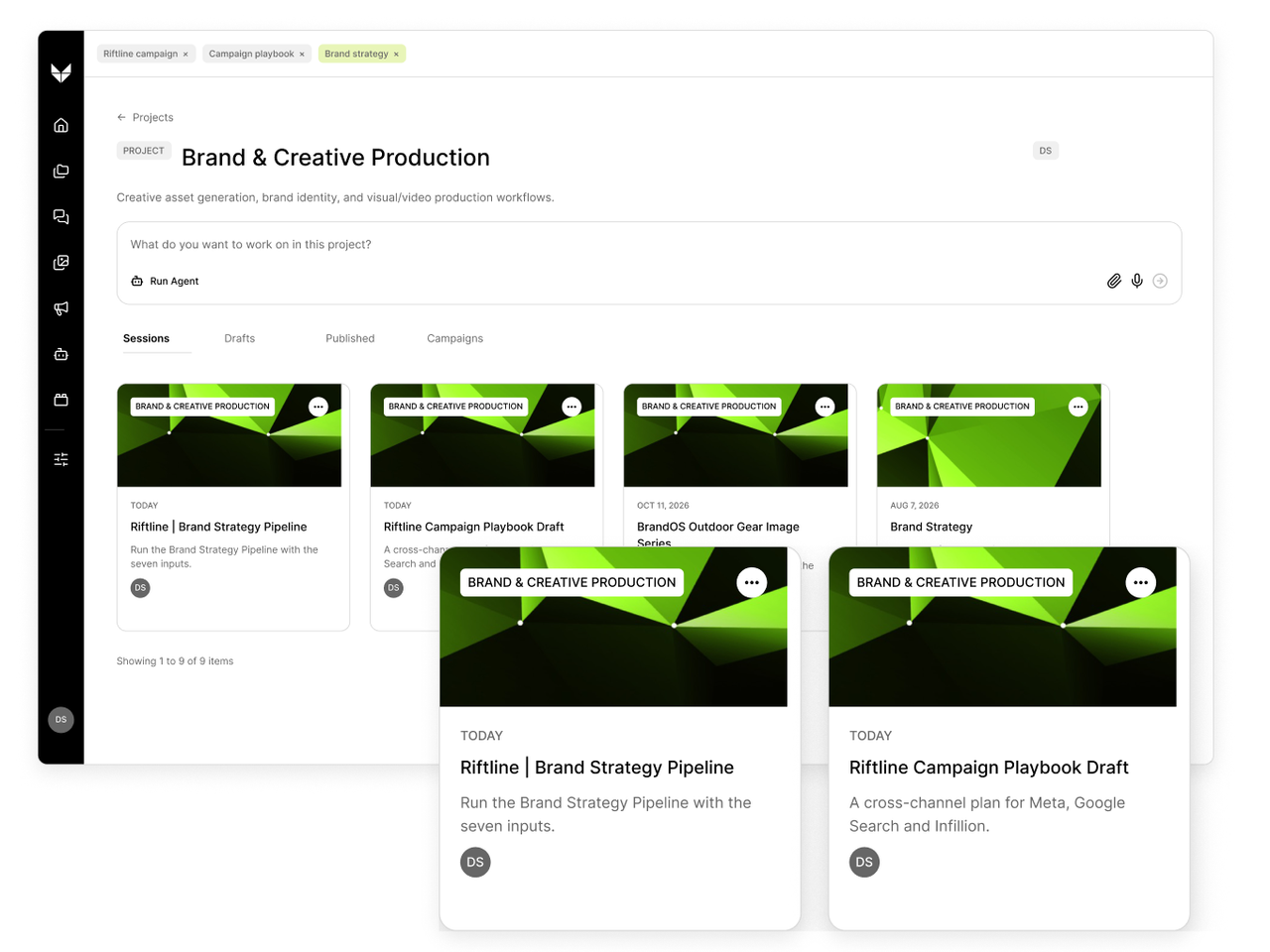 Brand & Creative Production project with related Riftline strategy and campaign playbook sessions.