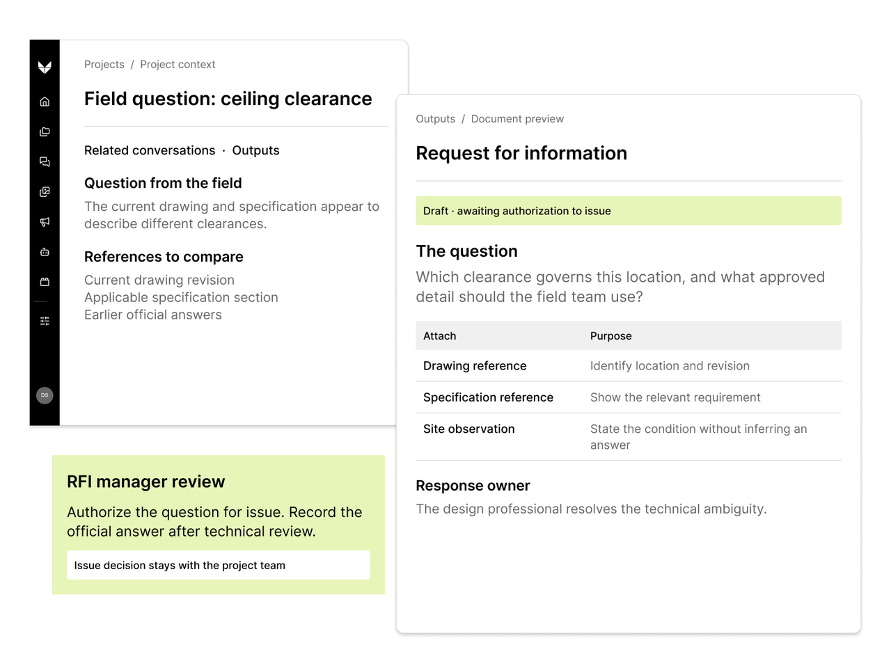 Veylan project context and a drafted request for information with an issue review.