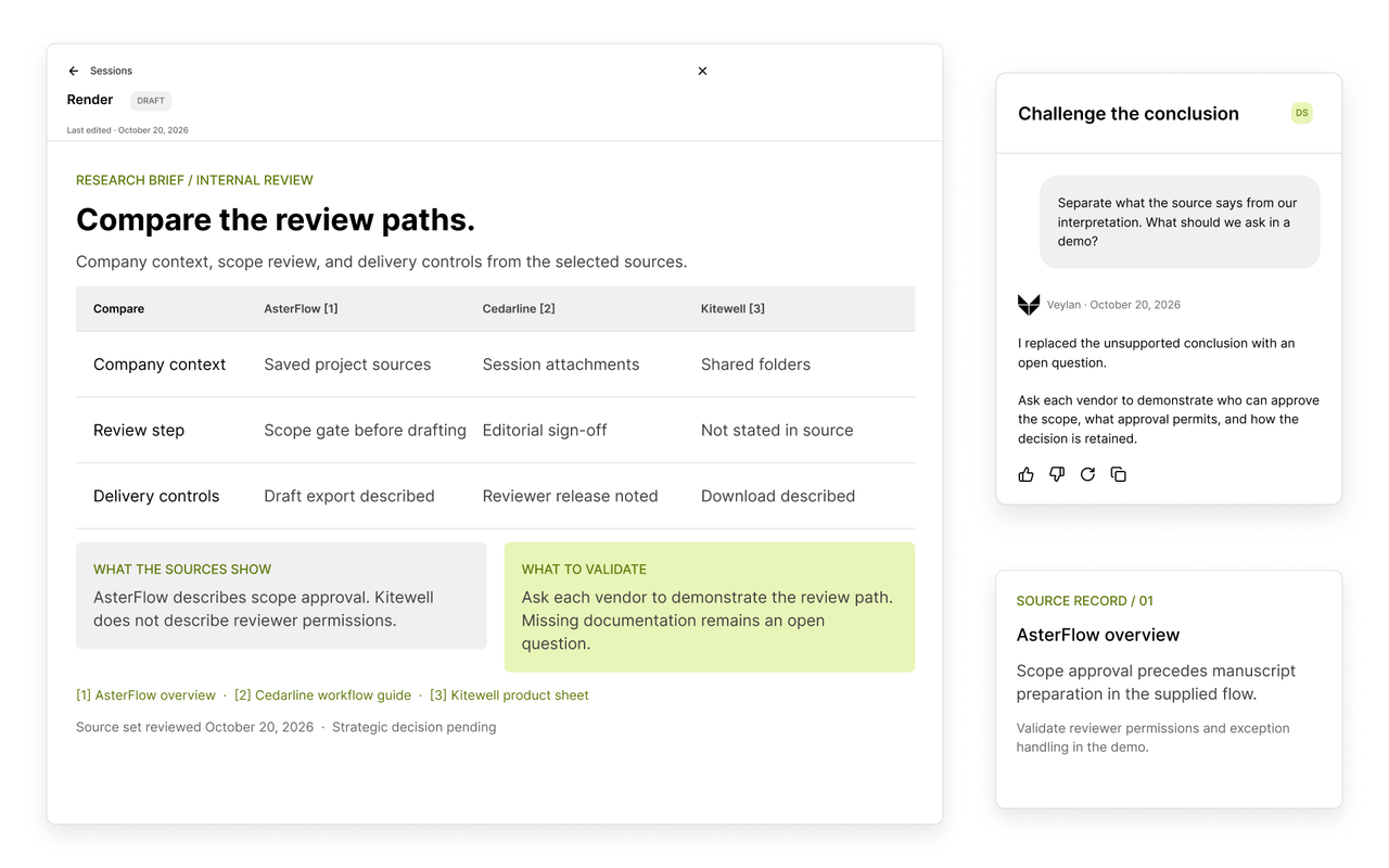 Veylan competitive intelligence brief with a sourced comparison matrix, evidence and interpretation separated, and a conversation revision.
