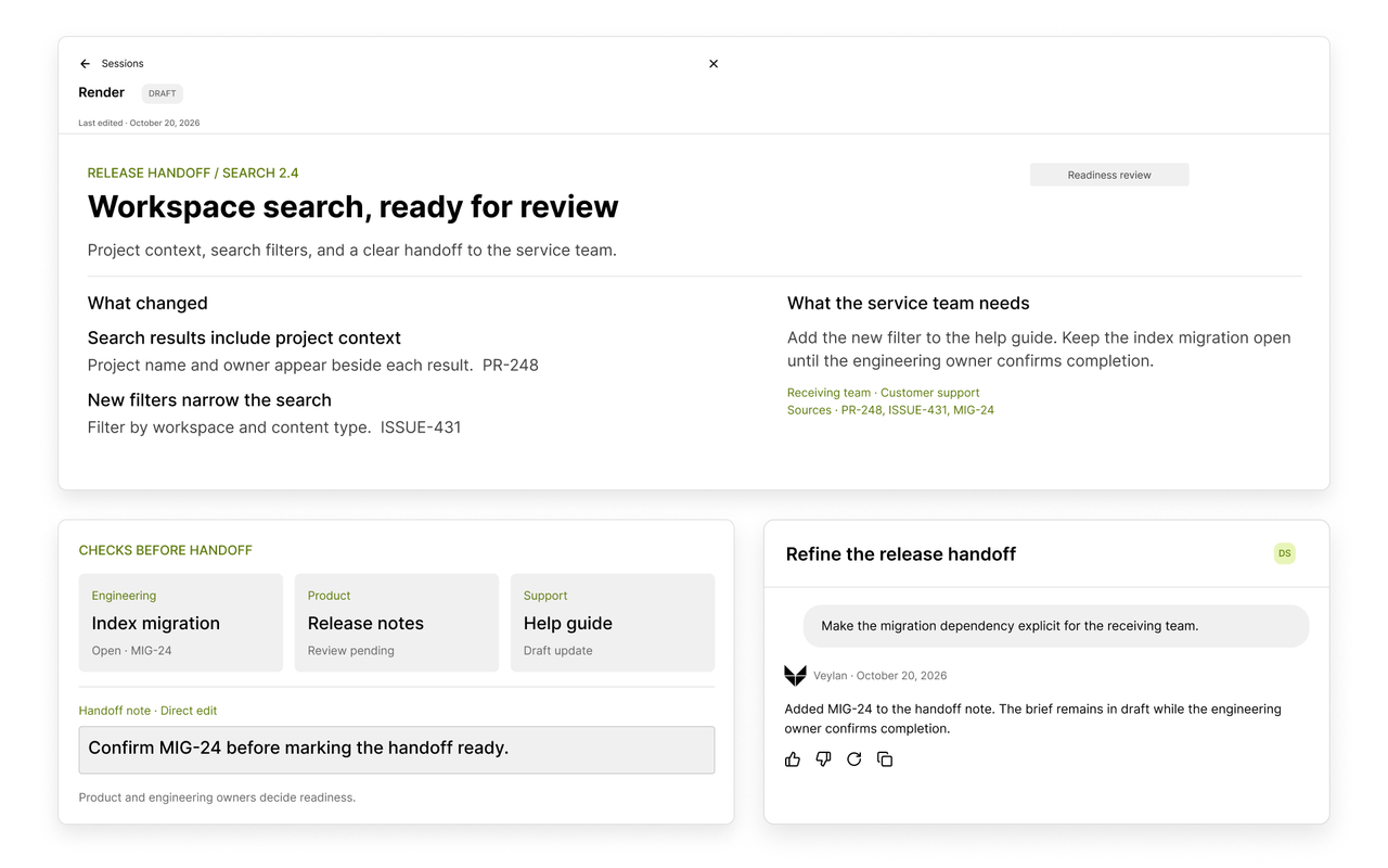 Veylan release handoff with readable release notes, source-linked changes, dependency checks, a directly edited handoff note, and a conversation revision.