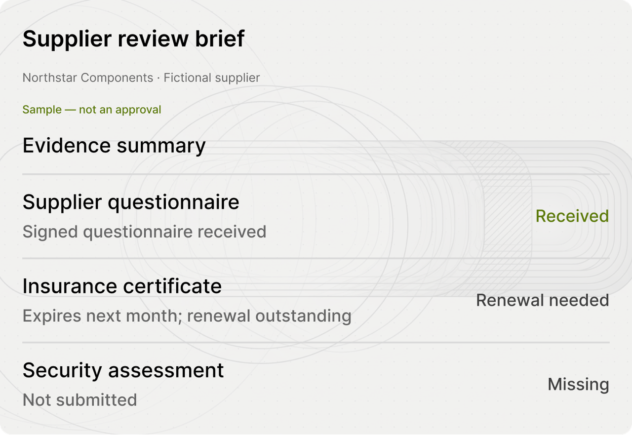 Supplier evidence showing source records and missing information.