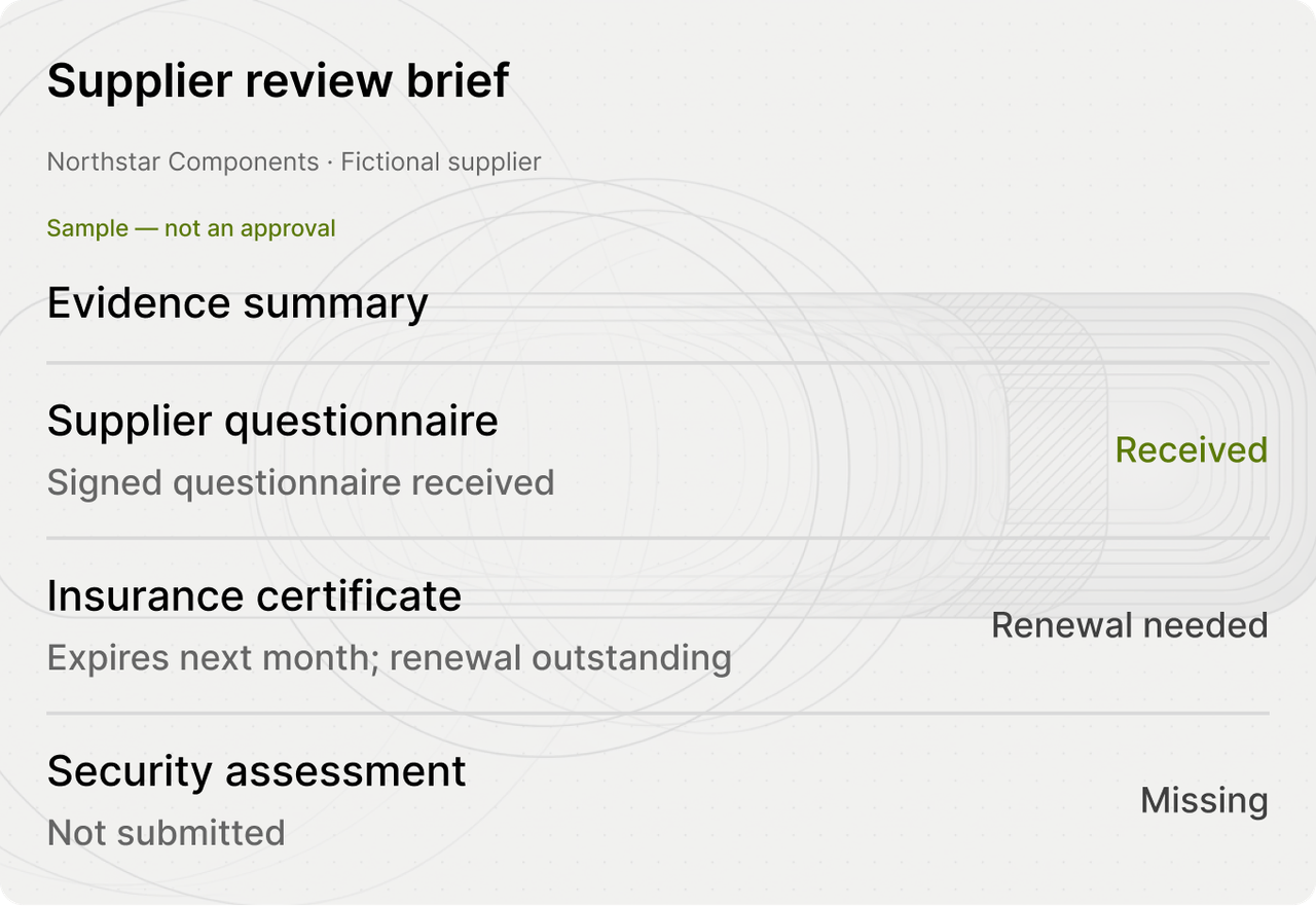 Supplier evidence showing source records and missing information.