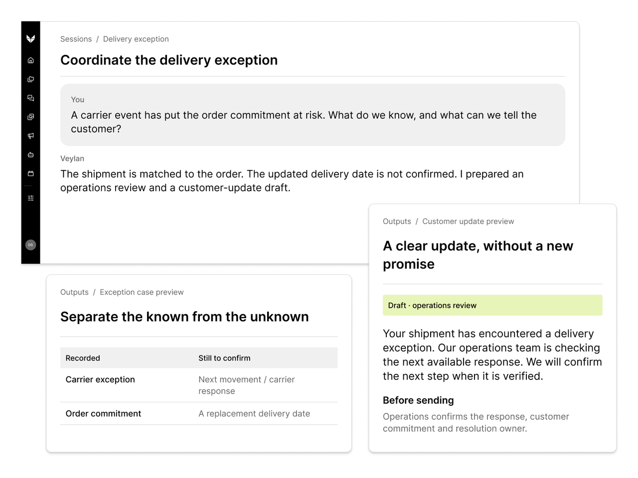 Veylan delivery exception timeline with a proposed customer response and operations review.