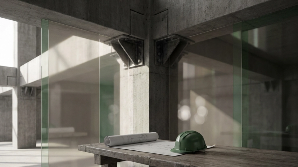An unfinished building connection above a workbench with plans and a green hard hat.