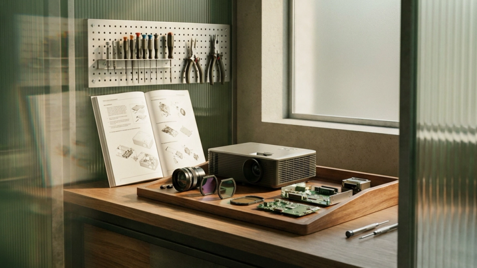 A repair workstation with an open technical handbook, projector components, and organized tools.