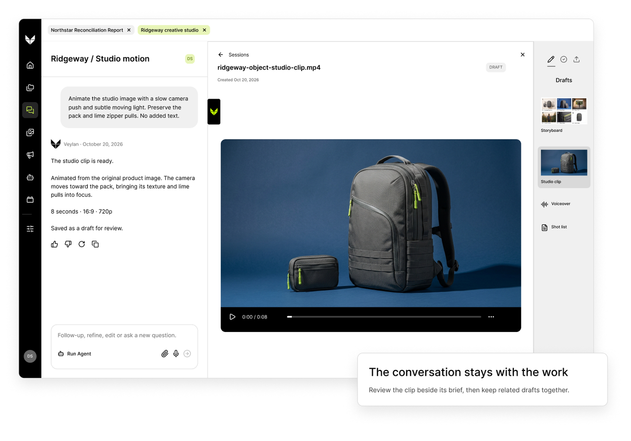 Veylan split-screen session with a product video preview, its conversation, and related drafts.