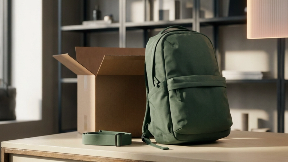 A green backpack, open shipping box, and replacement strap on a retail service counter.