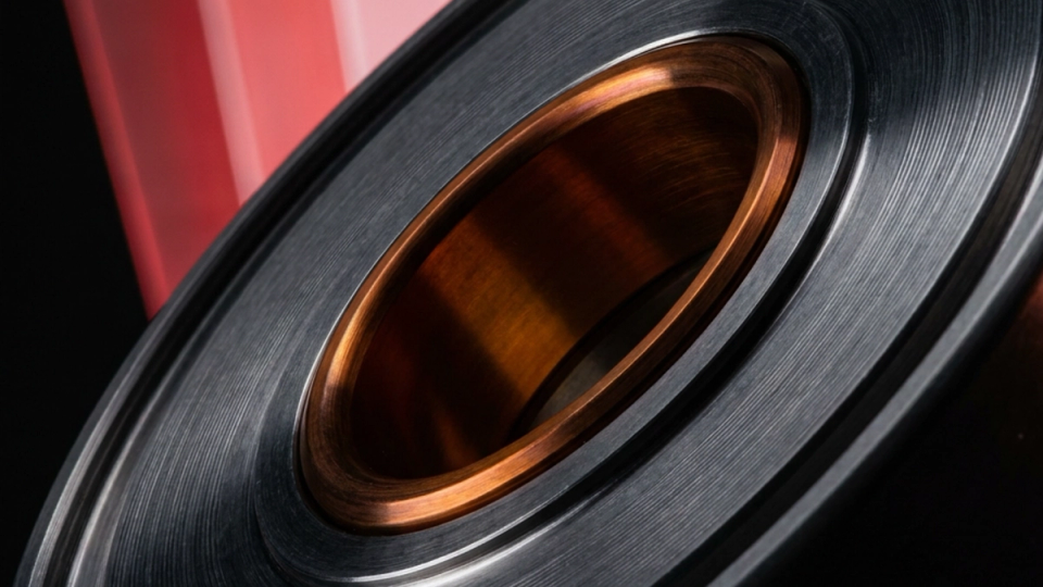Close-up of a machined metal component with a copper inner ring.