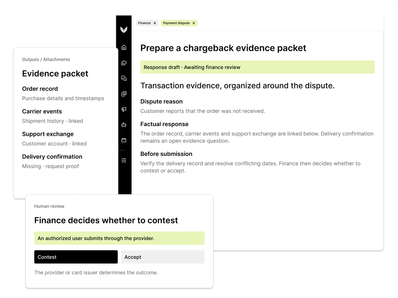 Veylan chargeback response preview with an attachment index and a finance review decision.