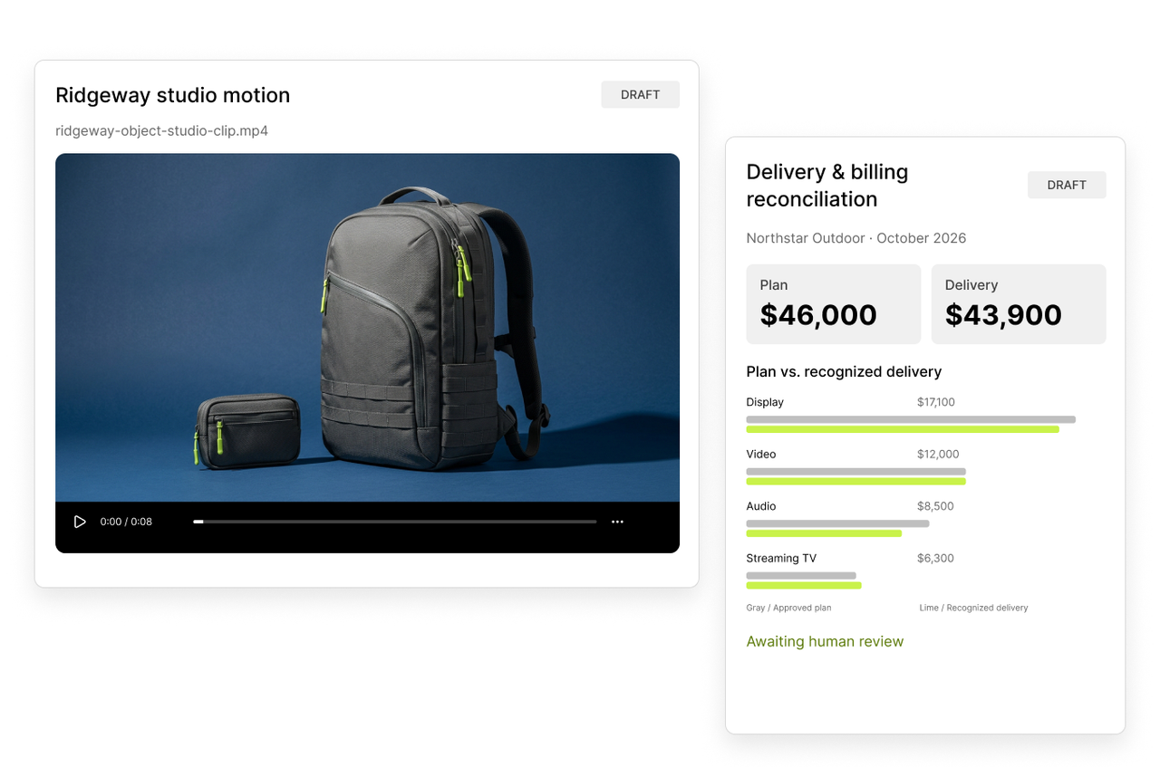 Veylan video deliverable beside a financial reconciliation report with variance analysis.