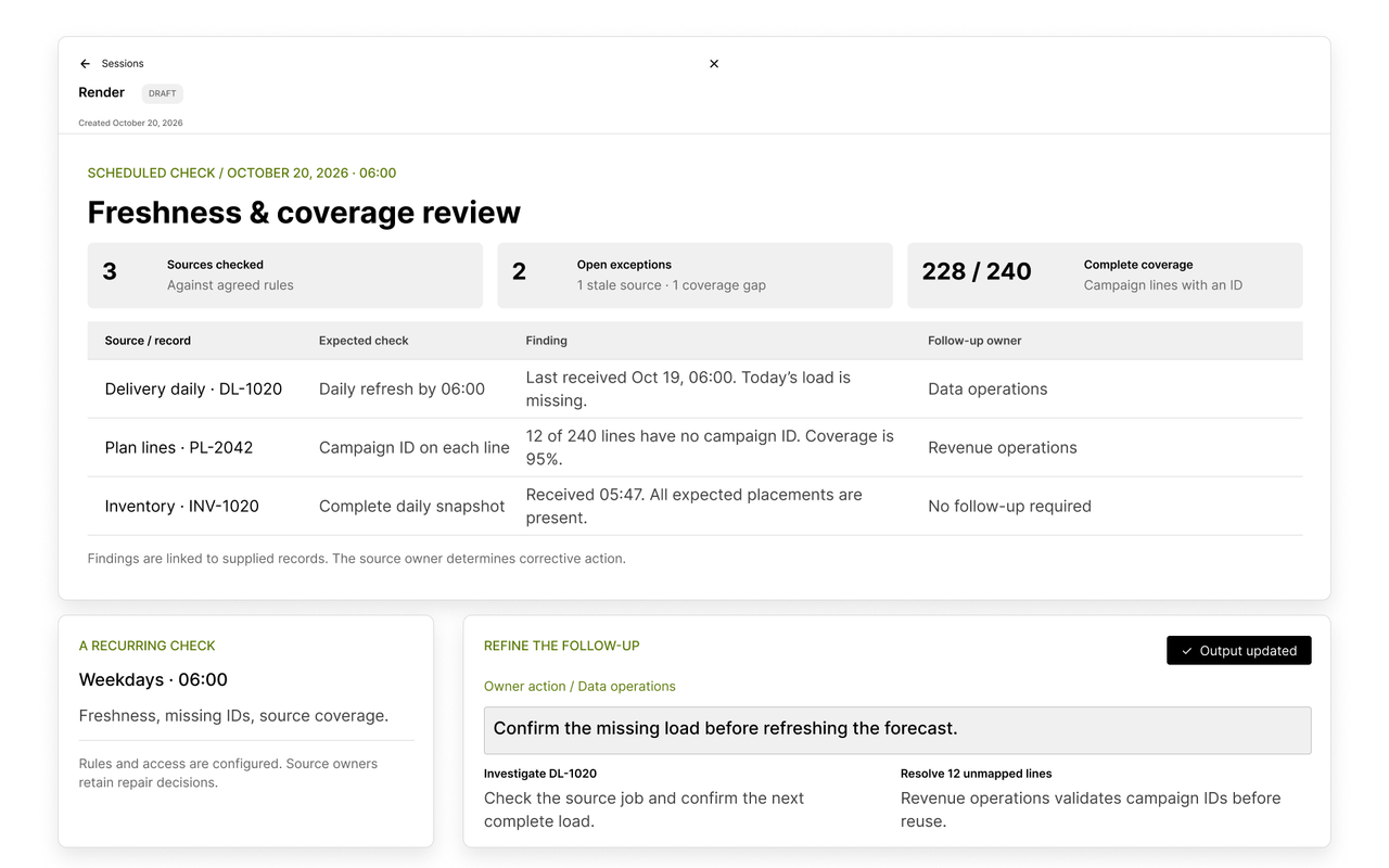 Veylan data quality review showing source freshness, missing campaign IDs, follow-up owners, and an editable corrective action.