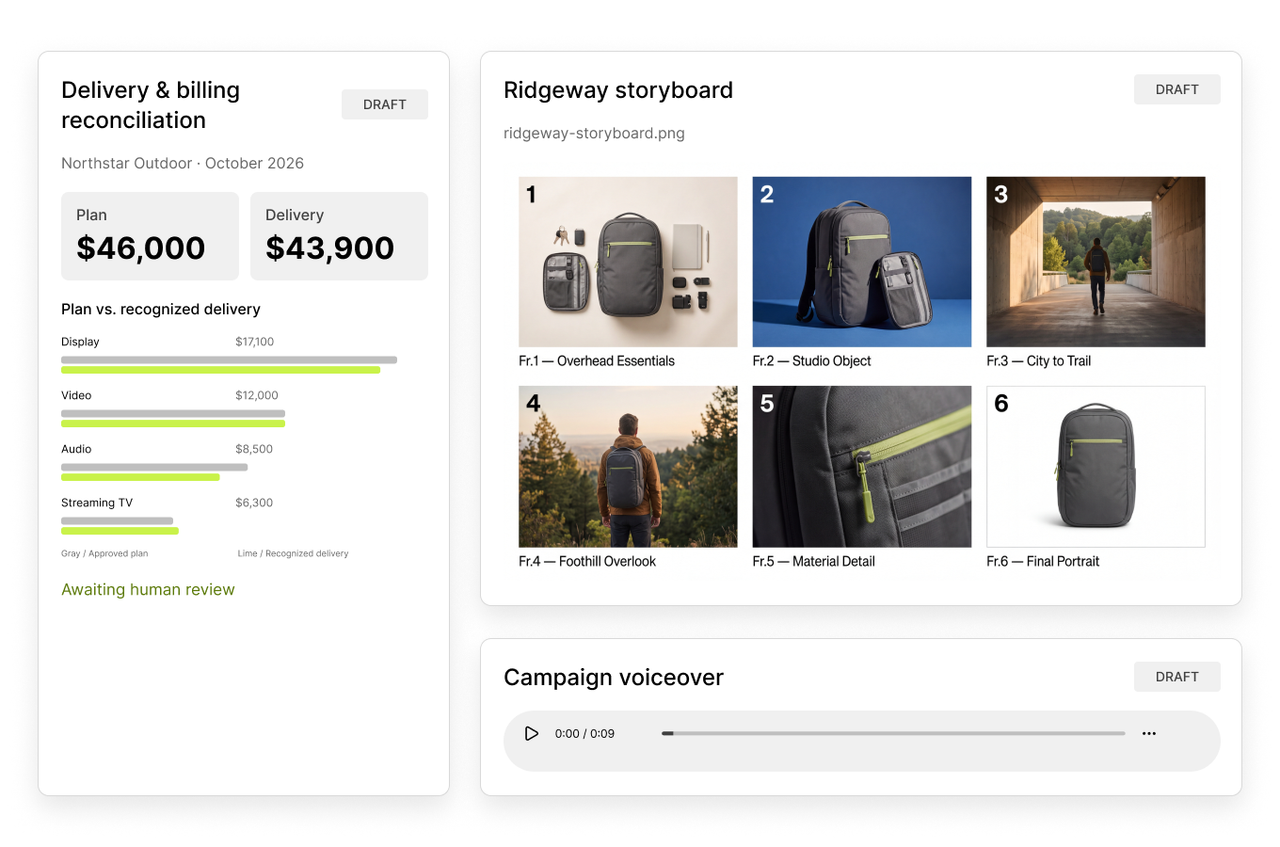 Veylan storyboard, financial analysis, and audio preview as different forms of usable output.