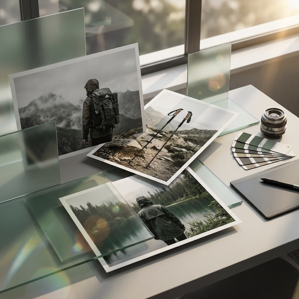 Outdoor campaign prints, a camera lens, and production materials.