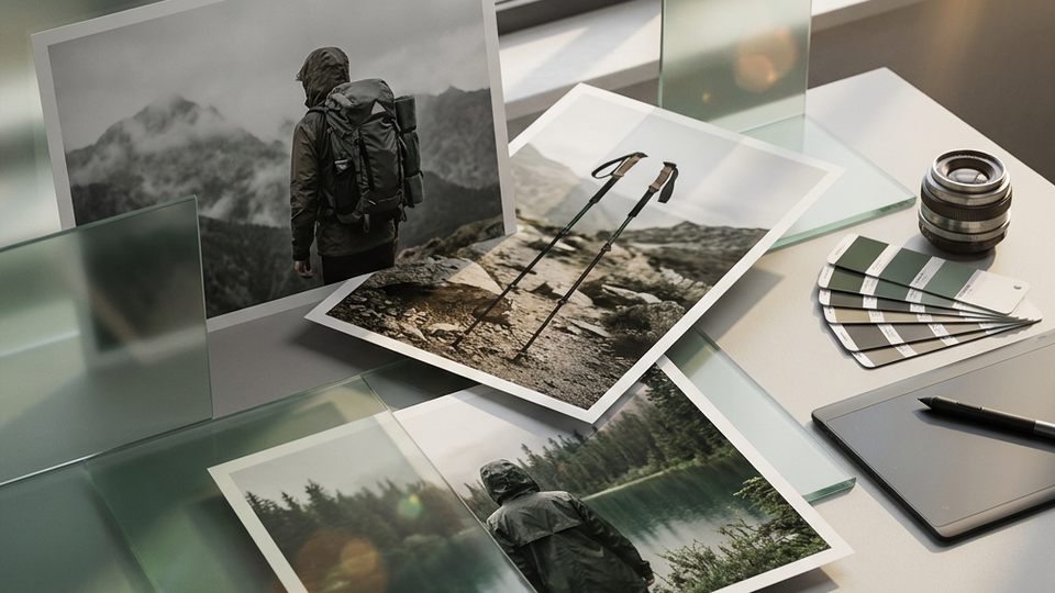 Outdoor campaign prints, a camera lens, and production materials.