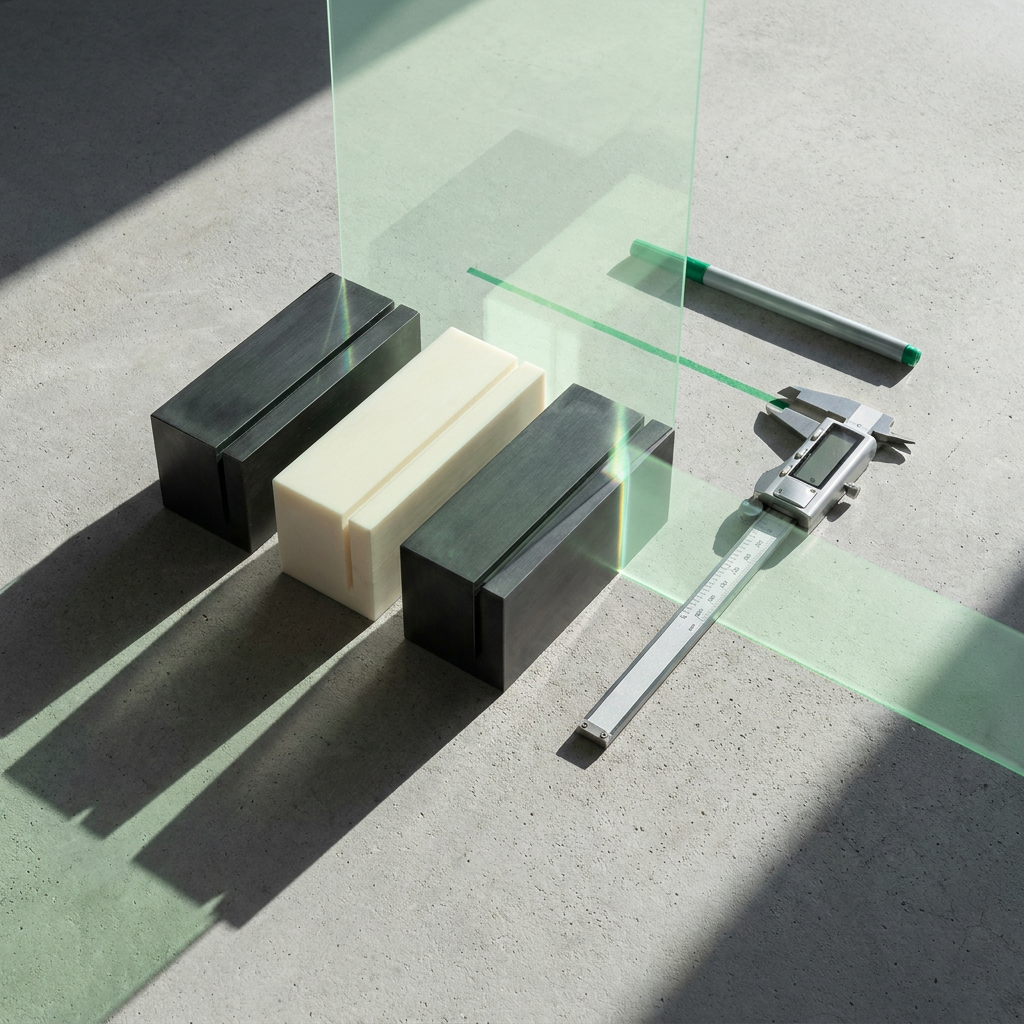 Precision blocks and calipers arranged on a light surface.
