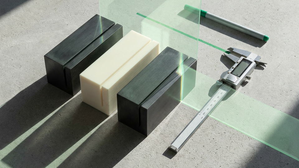 Precision blocks and calipers arranged on a light surface.