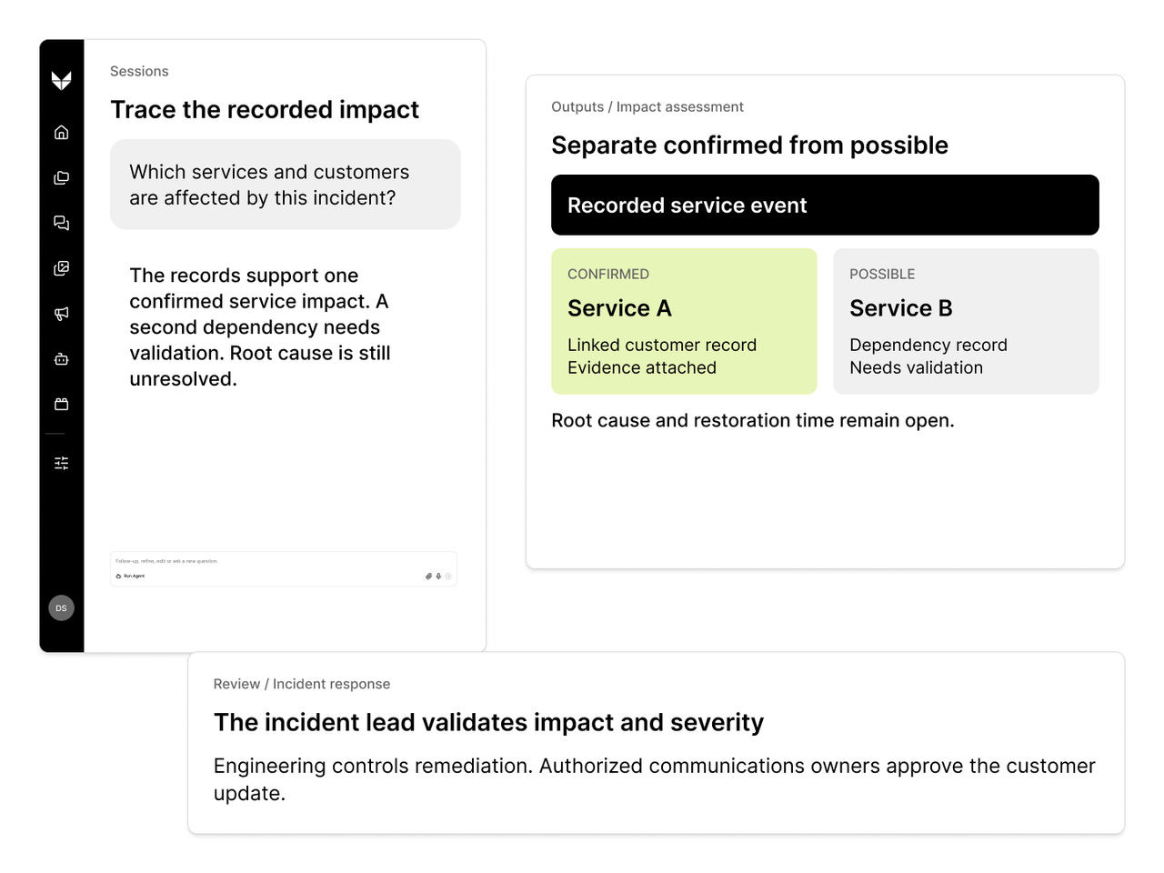 Veylan incident conversation with an impact diagram and incident-owner review.