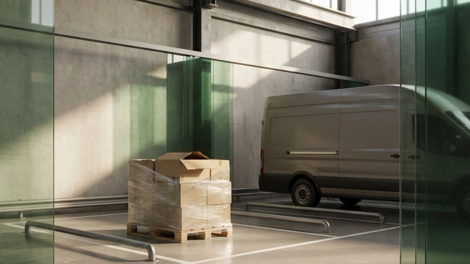 A wrapped pallet and damaged carton set aside at a warehouse loading dock beside a delivery van.