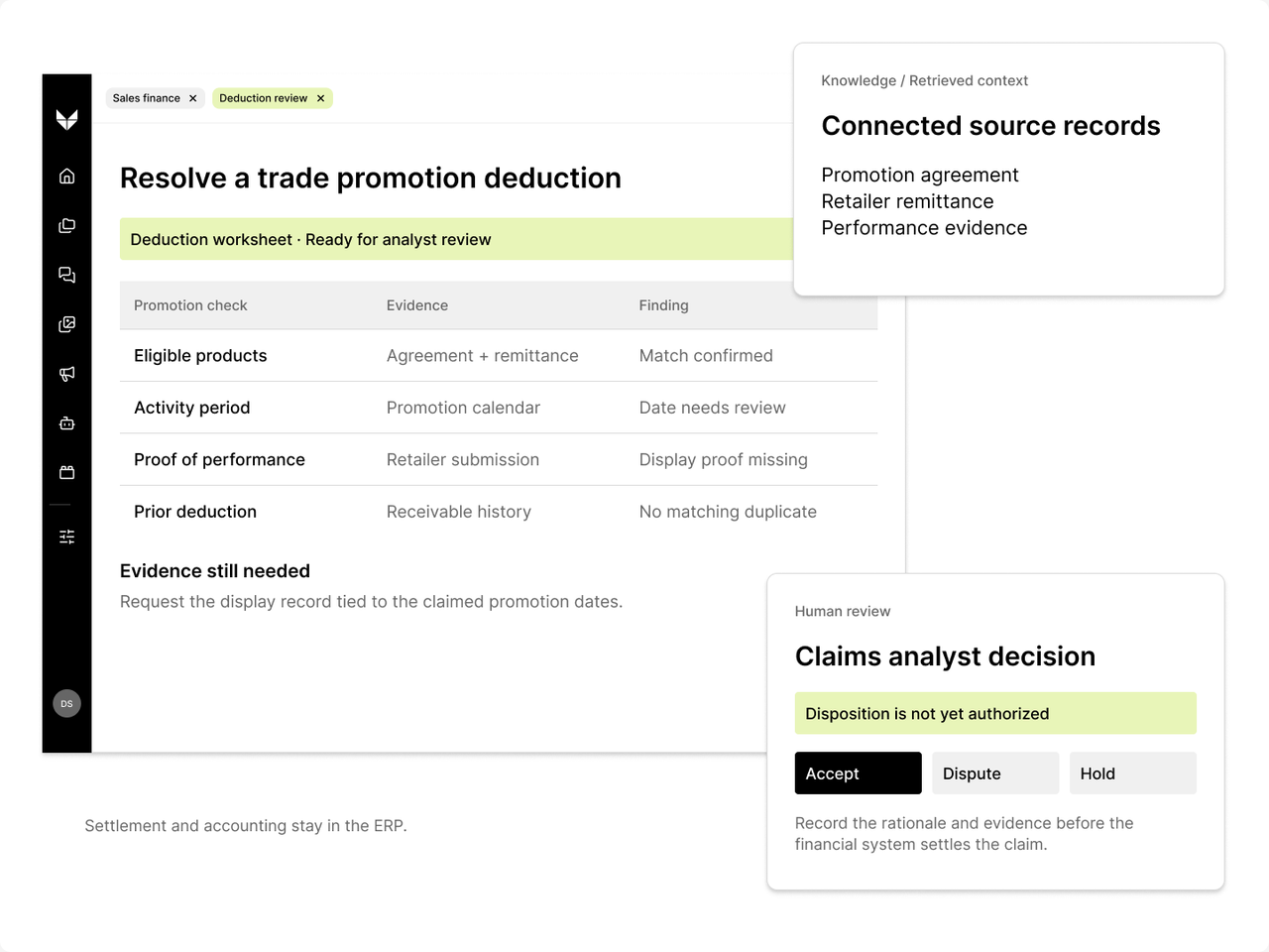 Veylan trade deduction worksheet with supporting sources and an analyst review decision.