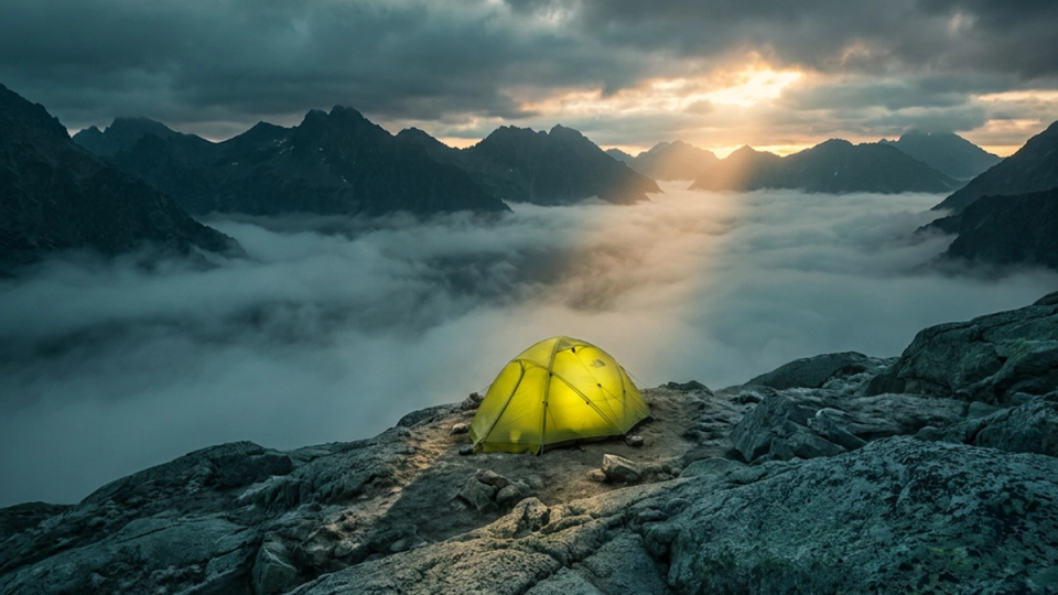 A yellow expedition tent on a rocky ridge above a sea of clouds.