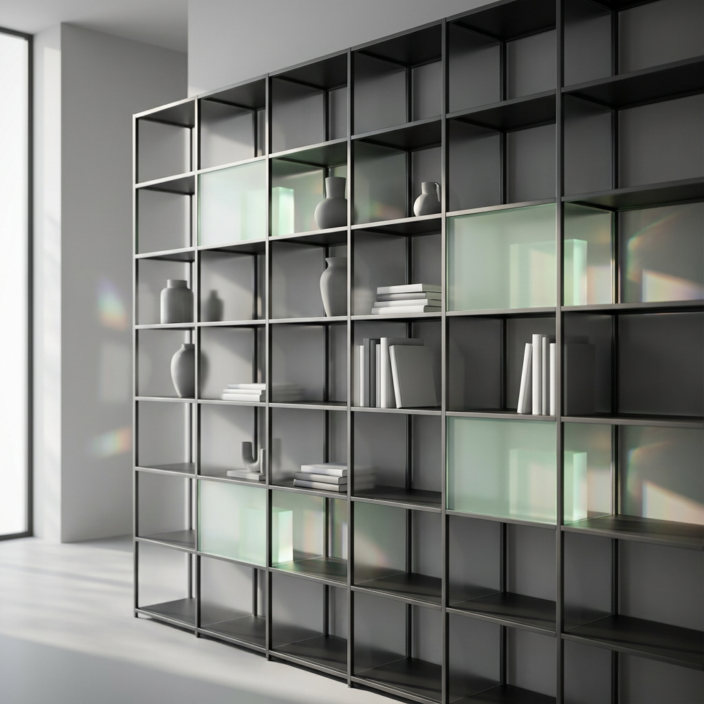 Modular shelves with a mix of objects and open compartments.