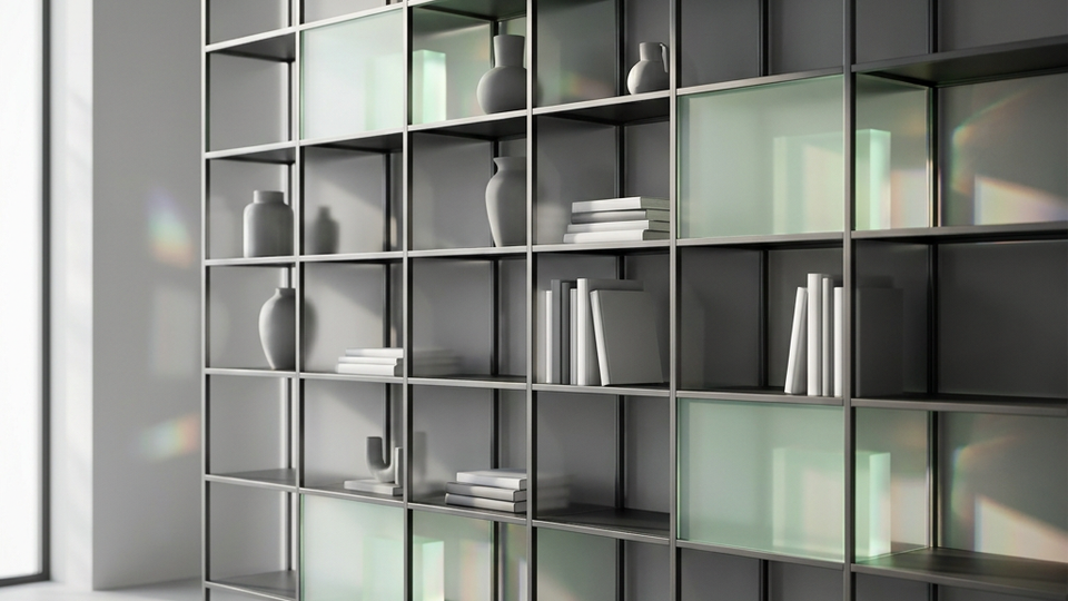 Modular shelves with a mix of objects and open compartments.