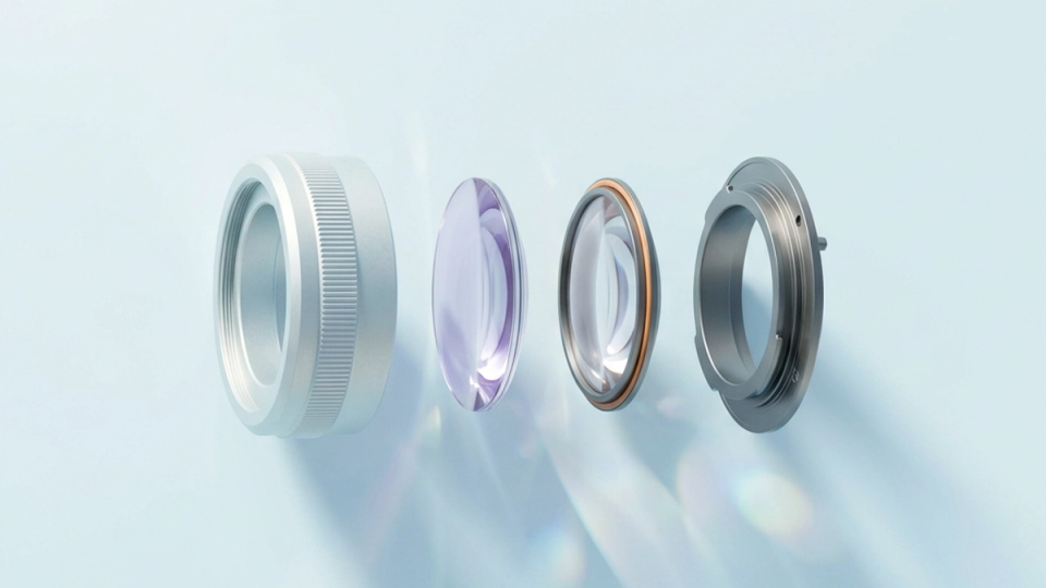 Four optical lens components separated in an aligned exploded view.