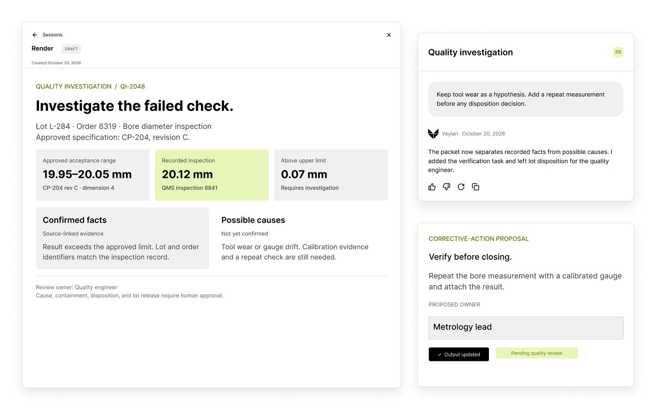 Veylan production quality investigation comparing inspection results with the approved specification, separating facts from hypotheses, and preparing an editable verification task.
