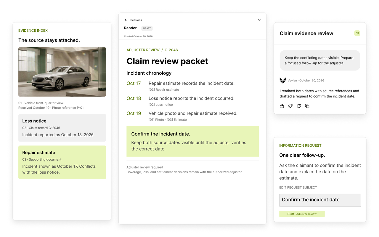 Veylan auto claim review with a photo and evidence index, a source-linked chronology, conflicting incident dates, and an editable information request for adjuster review.
