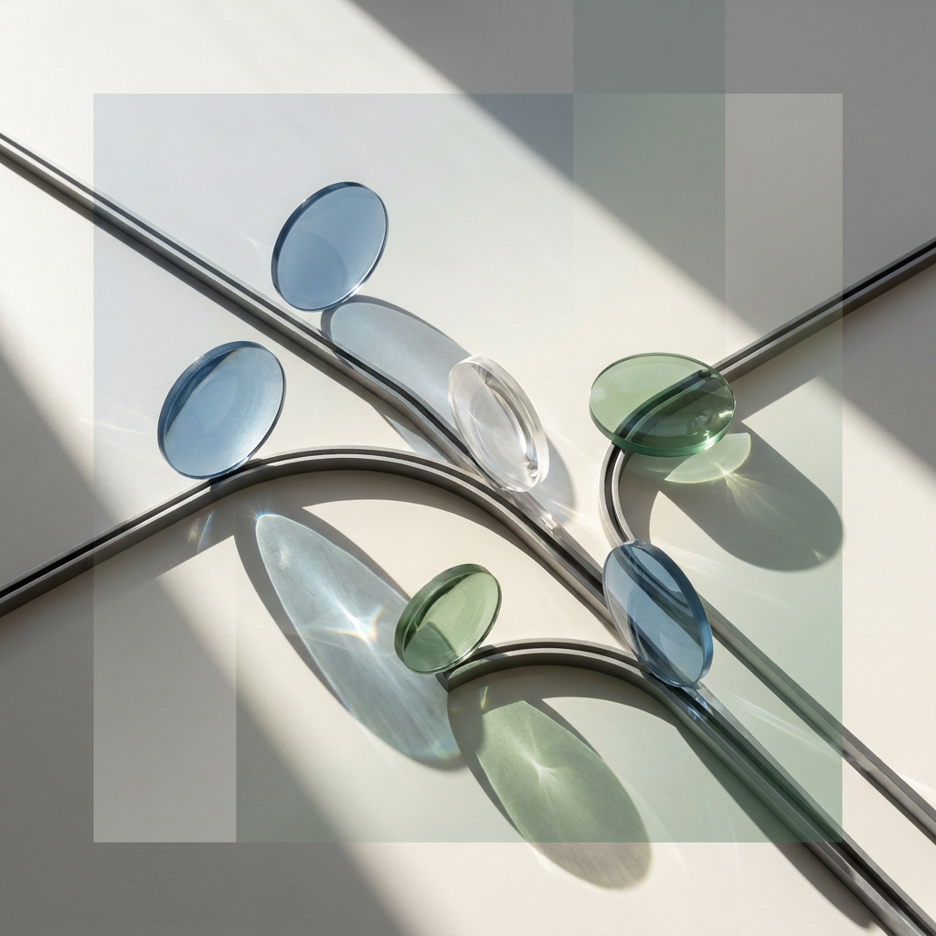 Colored lenses arranged along branching metal supports.