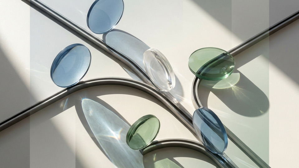 Colored lenses arranged along branching metal supports.