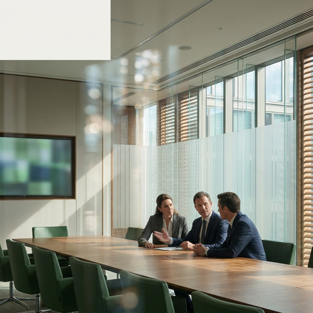 Colleagues discussing work in a bright glass-walled meeting room.