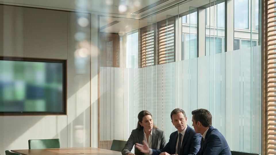 Colleagues discussing work in a bright glass-walled meeting room.