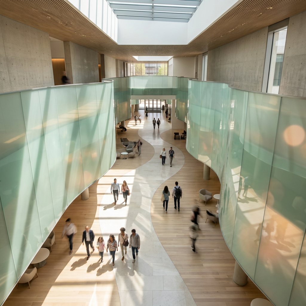 People moving through a light-filled public atrium.